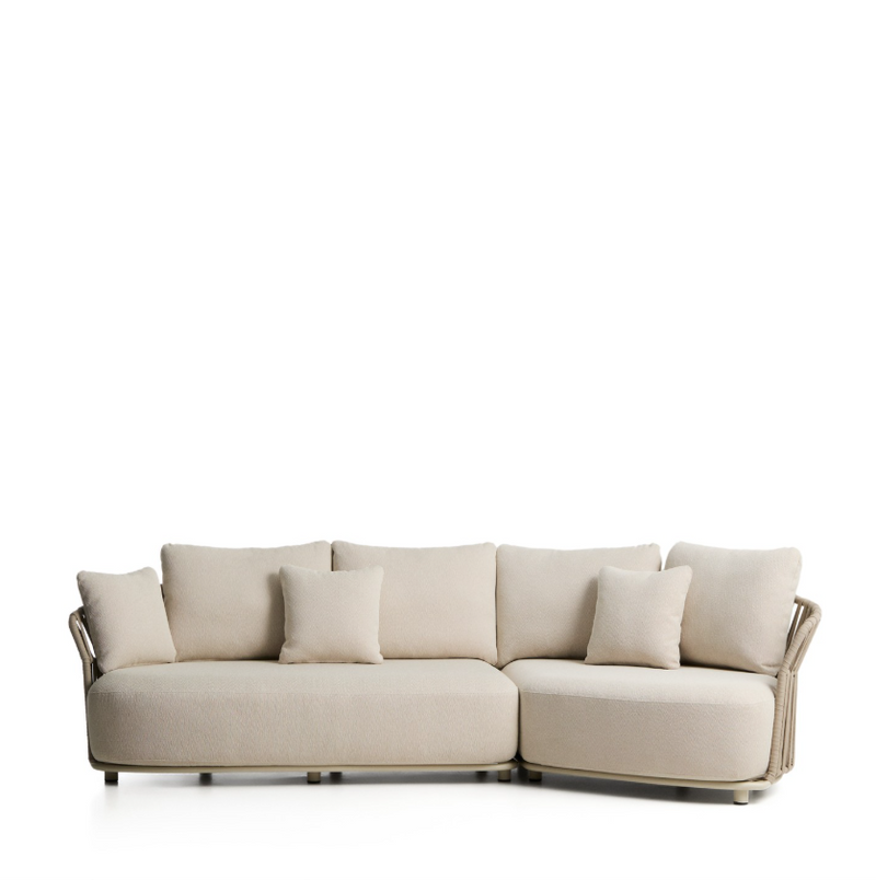OSANI 2-seater sofa and curved module in ecru aluminium and taupe rope cord 274cm.