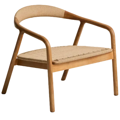 DERILE Armchair in solid oak wood with natural-tone finish and beige paper rope cord FSC 100%
