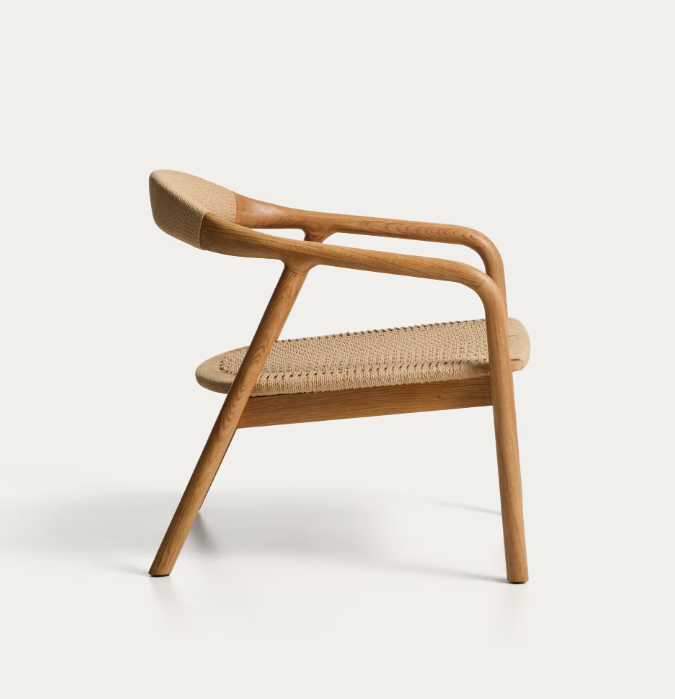 DERILE Armchair in solid oak wood with natural-tone finish and beige paper rope cord FSC 100%