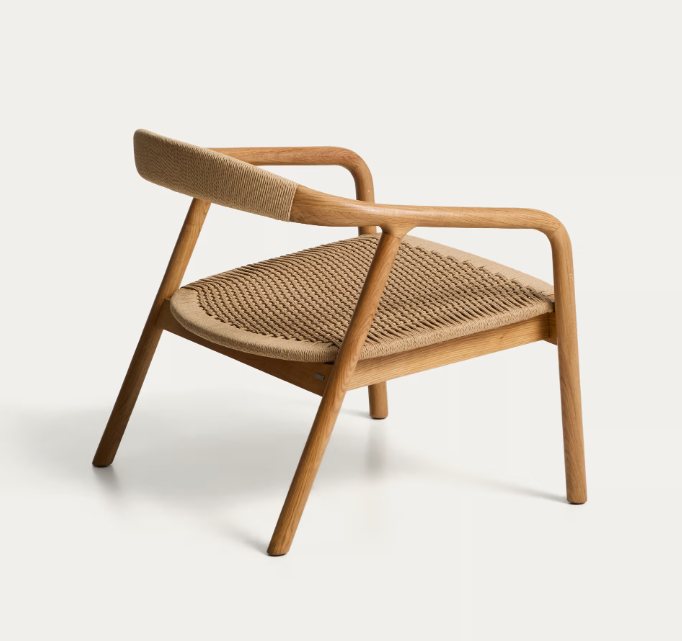 DERILE Armchair in solid oak wood with natural-tone finish and beige paper rope cord FSC 100%