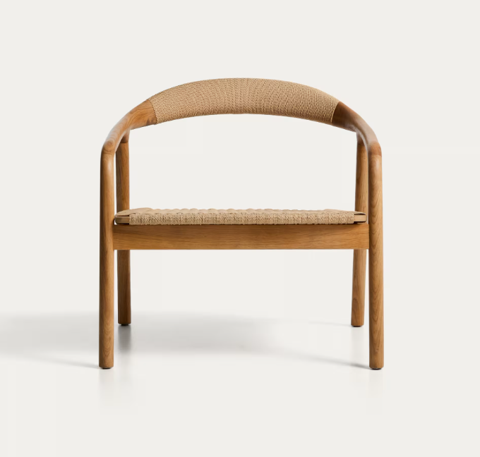 DERILE Armchair in solid oak wood with natural-tone finish and beige paper rope cord FSC 100%