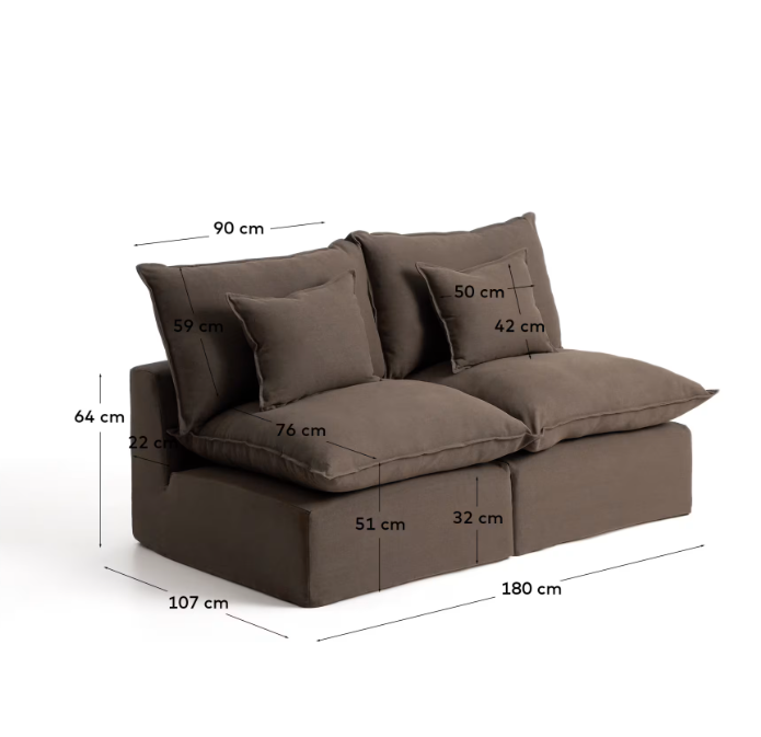 ANARELA taupe linen 2-seater modular sofa with removable cover 180cm