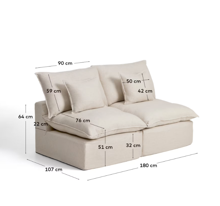 ANARELA beige linen and viscose 2-seater modular sofa with removable cover 180cm