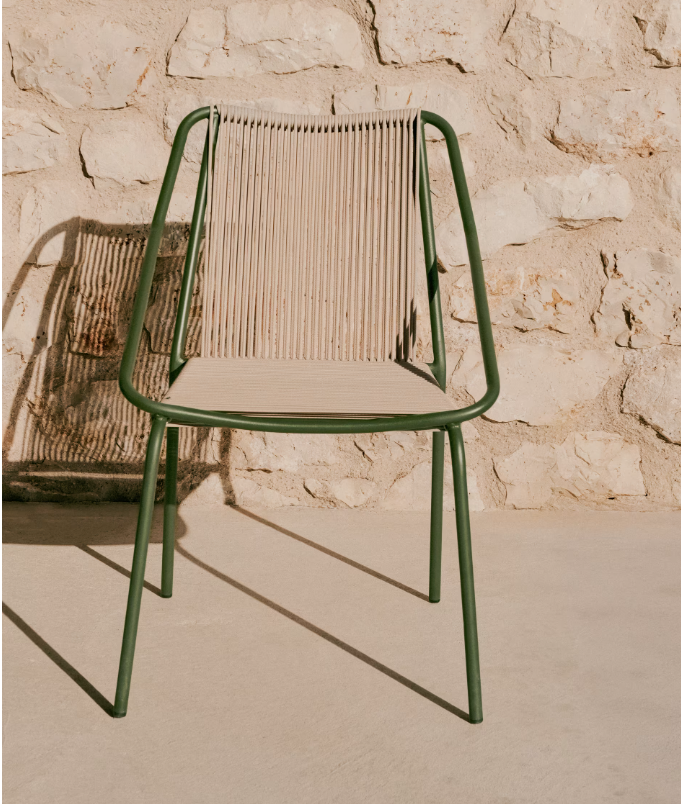 ZIVIA Stackable outdoor chair in ecru rope cord and green galvanised steel