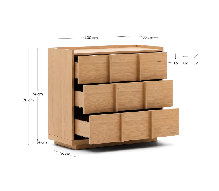 ONIX chest of drawers with 3 drawers, oak veneer, natural tone finish, 100 x 78 cm