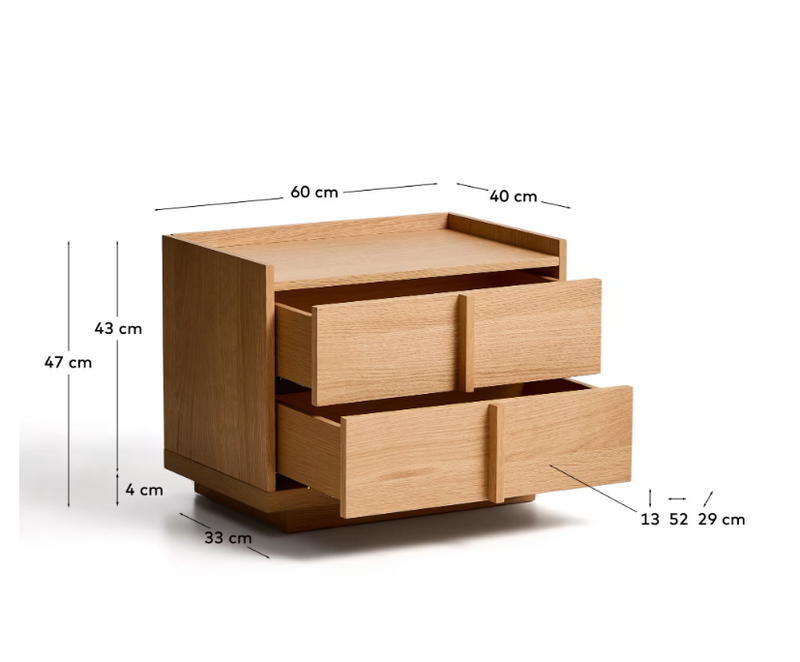 ONIX bedside table, 2 drawers, oak veneer in a natural tone finish, 60 x 47 cm