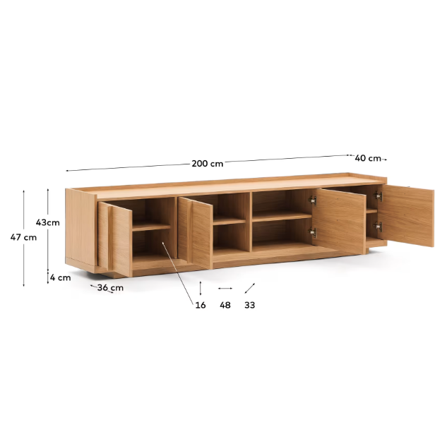 ONIX TV stand with an oak veneer in a natural tone finish, 200 x 45 cm