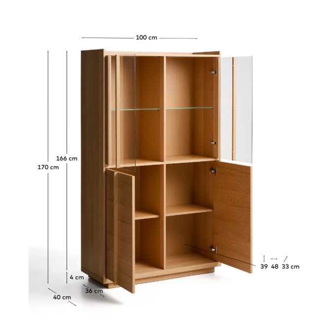 ONIX display cabinet in solid oak and oak veneer, natural tone finish, 100 x 170 cm