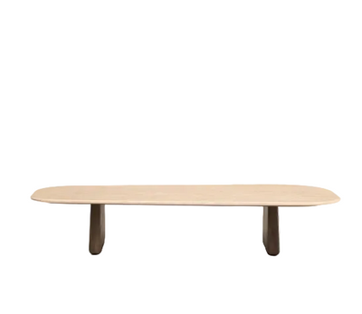 PIRITA coffee table in beige travertine with solid oak wood legs with a dark finish 147 x 65cm
