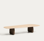 PIRITA coffee table in beige travertine with solid oak wood legs with a dark finish 147 x 65cm