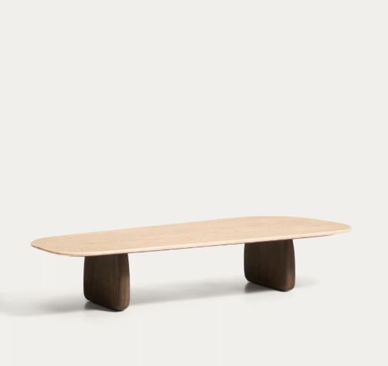 PIRITA coffee table in beige travertine with solid oak wood legs with a dark finish 147 x 65cm