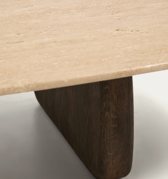 PIRITA coffee table in beige travertine with solid oak wood legs with a dark finish 147 x 65cm
