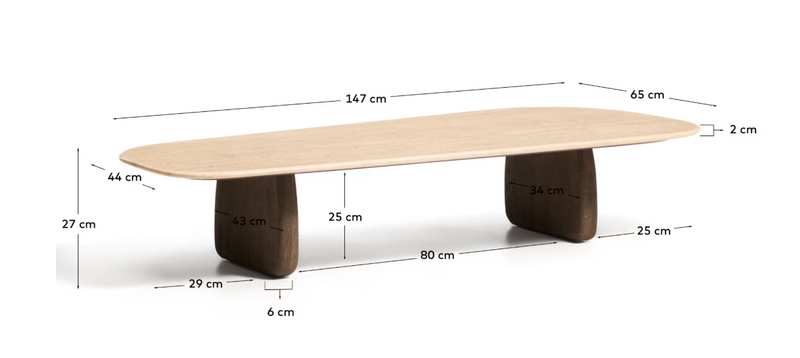 PIRITA coffee table in beige travertine with solid oak wood legs with a dark finish 147 x 65cm