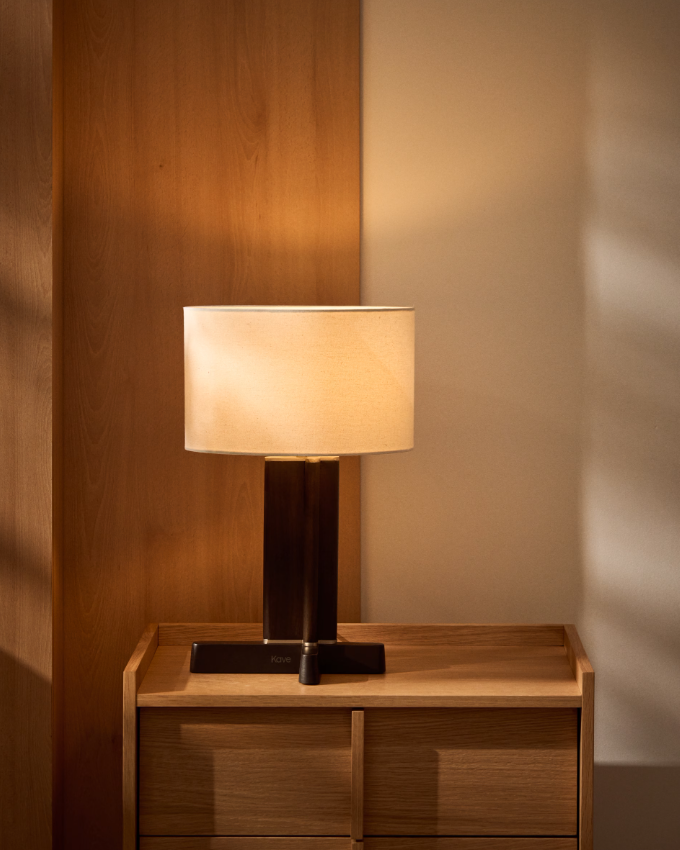 NIANI Table lamp in dark-finish rubber wood with ivory-coloured cotton shade Ø30cm