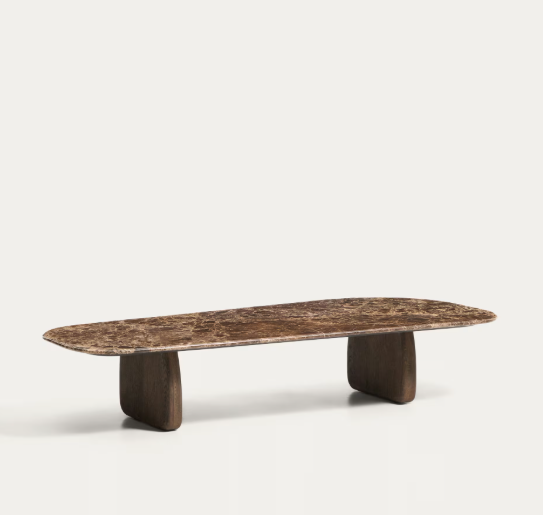 PIRITA coffee table in brown marble with solid oak wood legs with a dark finish 147 x 65cm