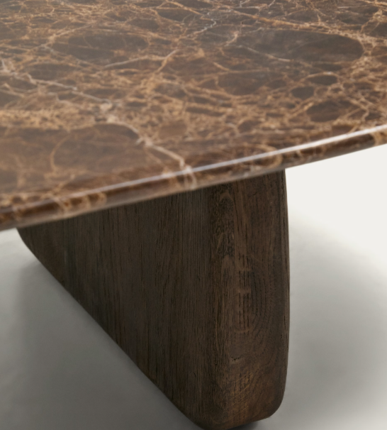 PIRITA coffee table in brown marble with solid oak wood legs with a dark finish 147 x 65cm