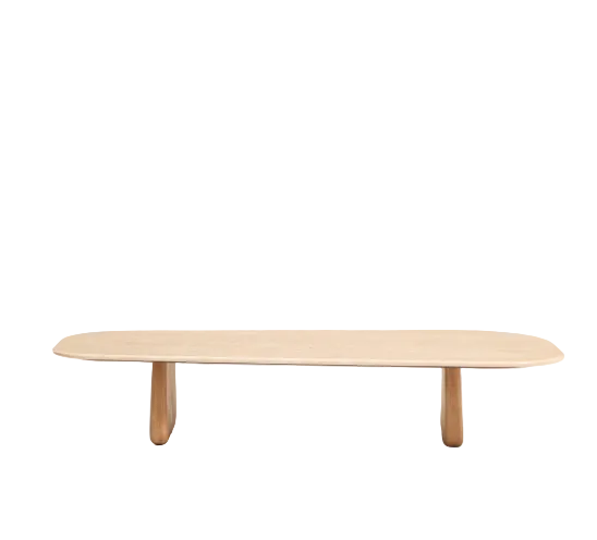 PIRITA coffee table in beige travertine with solid oak wood legs with a natural-coloured finish 147 x 65cm