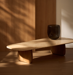 PIRITA coffee table in beige travertine with solid oak wood legs with a natural-coloured finish 147 x 65cm