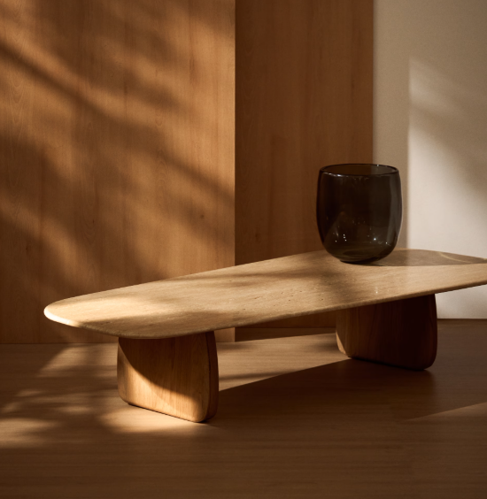 PIRITA coffee table in beige travertine with solid oak wood legs with a natural-coloured finish 147 x 65cm