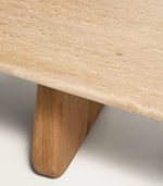 PIRITA coffee table in beige travertine with solid oak wood legs with a natural-coloured finish 147 x 65cm