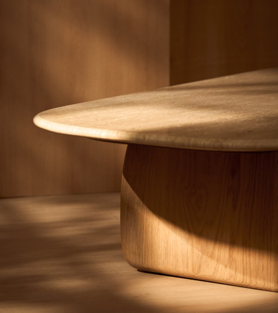 PIRITA coffee table in beige travertine with solid oak wood legs with a natural-coloured finish 147 x 65cm