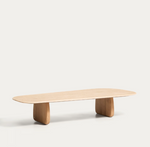 PIRITA coffee table in beige travertine with solid oak wood legs with a natural-coloured finish 147 x 65cm