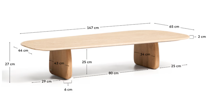 PIRITA coffee table in beige travertine with solid oak wood legs with a natural-coloured finish 147 x 65cm