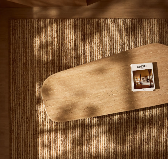 PIRITA coffee table in beige travertine with solid oak wood legs with a natural-coloured finish 147 x 65cm