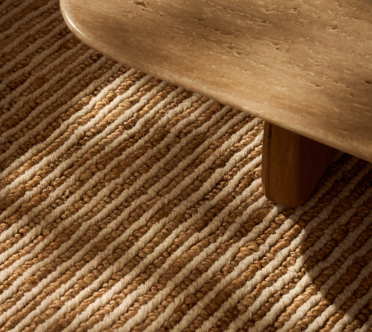 PIRITA coffee table in beige travertine with solid oak wood legs with a natural-coloured finish 147 x 65cm