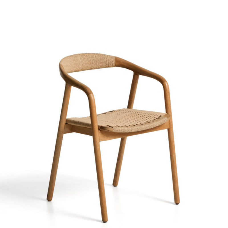 DERILE chair in solid oak wood with natural-tone finish and beige paper rope cord