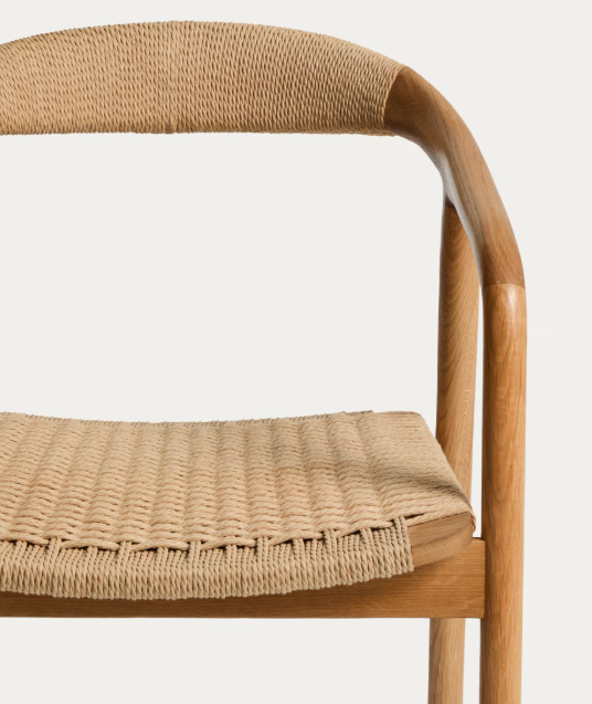 DERILE chair in solid oak wood with natural-tone finish and beige paper rope cord