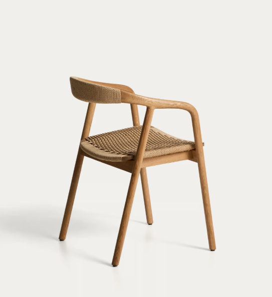 DERILE chair in solid oak wood with natural-tone finish and beige paper rope cord