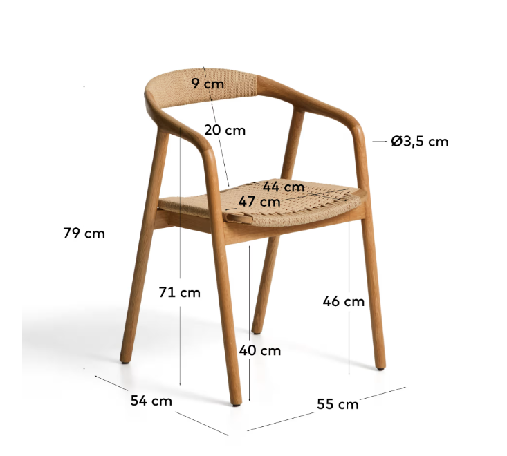 DERILE chair in solid oak wood with natural-tone finish and beige paper rope cord