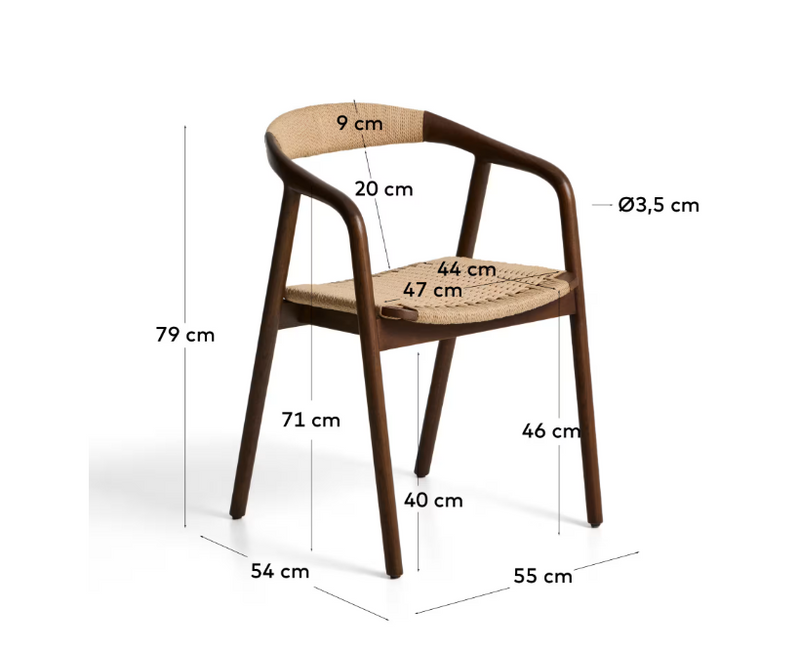 DERILE chair in solid oak wood with walnut finish and beige paper rope cord