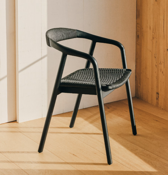 DERILE chair in solid oak wood with black finish and black paper rope cord