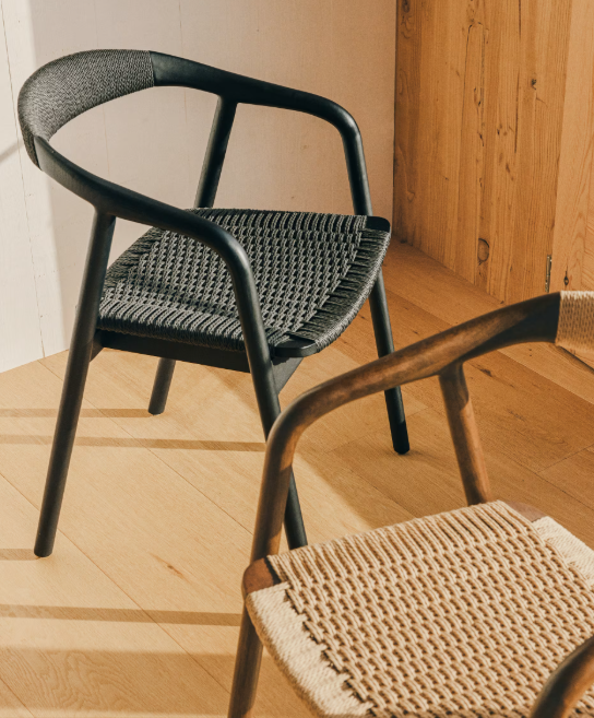 DERILE chair in solid oak wood with black finish and black paper rope cord