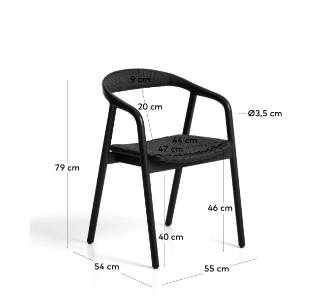 DERILE chair in solid oak wood with black finish and black paper rope cord
