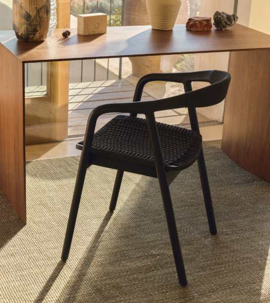 DERILE chair in solid oak wood with black finish and black paper rope cord