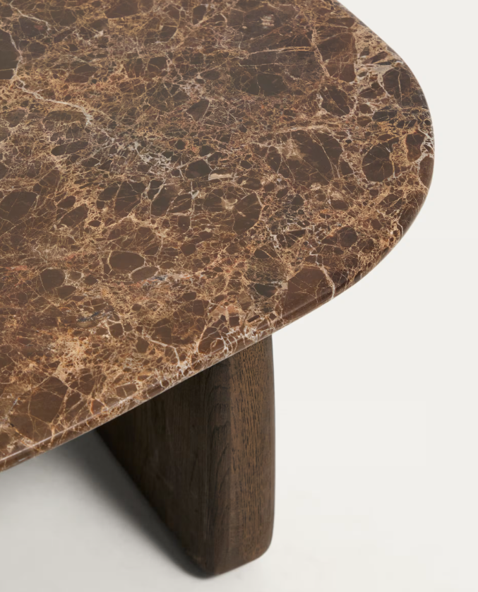 PIRITA Side table in brown marble with solid oak wood legs with a dark finish 71 x 70cm