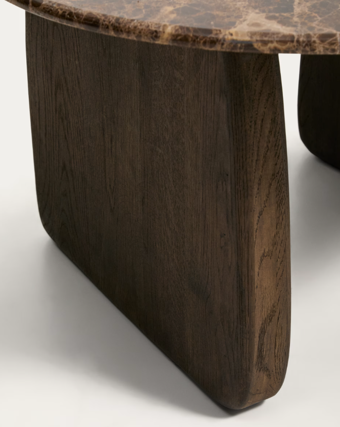 PIRITA Side table in brown marble with solid oak wood legs with a dark finish 71 x 70cm