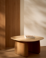 PIRITA Side table in beige travertine with solid oak wood legs with a natural-coloured finish 71 x 70cm FSC 100%