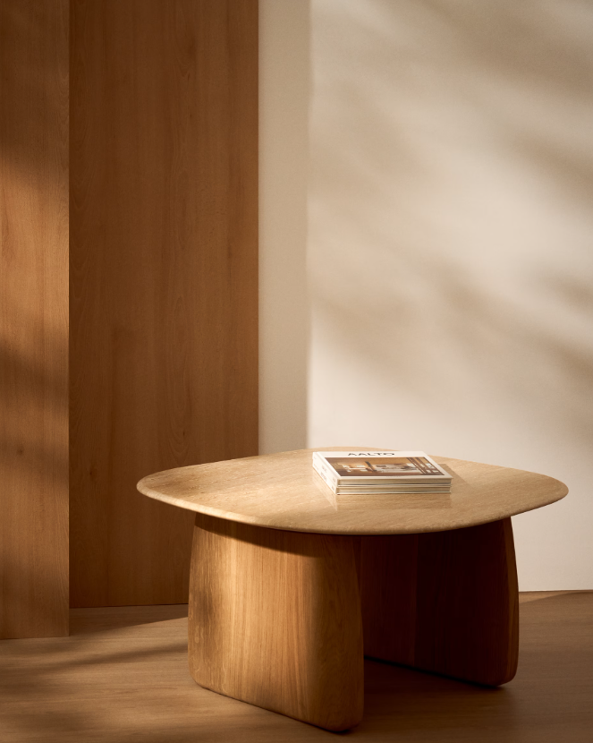 PIRITA Side table in beige travertine with solid oak wood legs with a natural-coloured finish 71 x 70cm FSC 100%