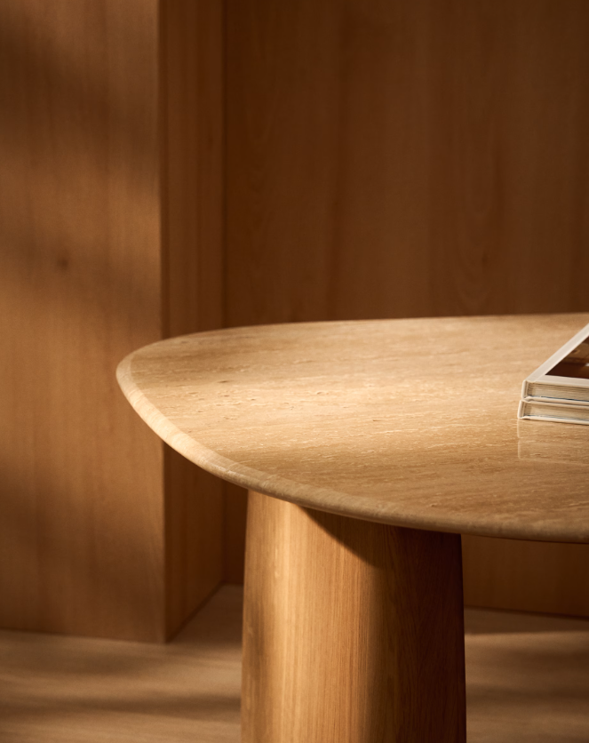 PIRITA Side table in beige travertine with solid oak wood legs with a natural-coloured finish 71 x 70cm FSC 100%