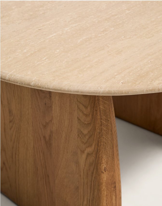 PIRITA Side table in beige travertine with solid oak wood legs with a natural-coloured finish 71 x 70cm FSC 100%