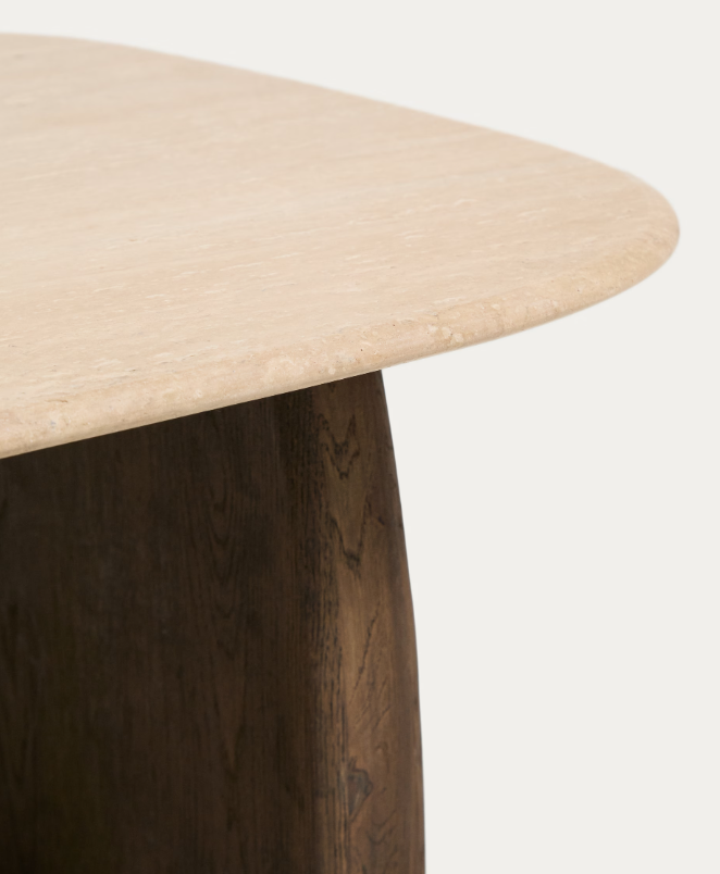 PIRITA Side table in beige travertine with solid oak wood legs with a dark finish 71 x 70cm FSC 100%.