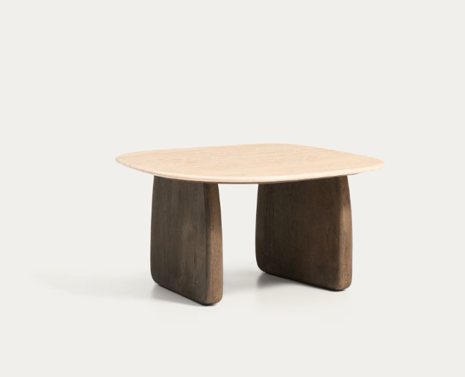 PIRITA Side table in beige travertine with solid oak wood legs with a dark finish 71 x 70cm FSC 100%.