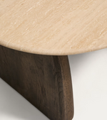 PIRITA Side table in beige travertine with solid oak wood legs with a dark finish 71 x 70cm FSC 100%.