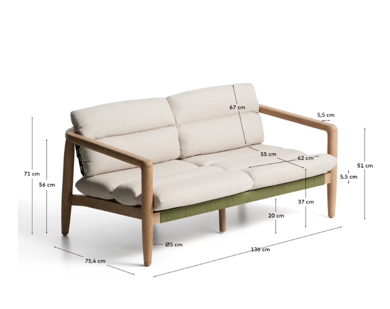 MENFI 2-seater sofa in solid acacia wood and green rope cord 136 cm