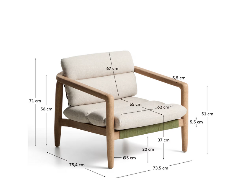 MENFI armchair in solid acacia wood and green rope cord