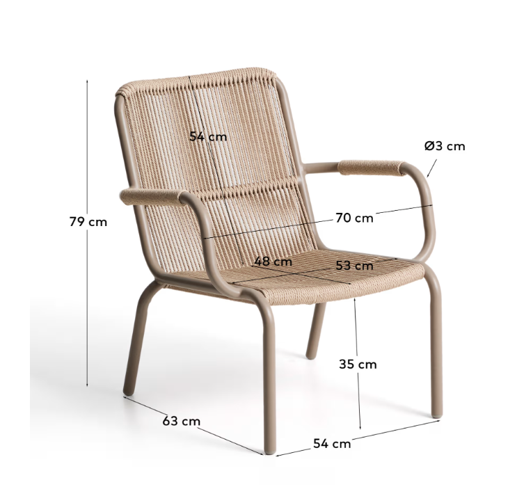 SALIS armchair in taupe aluminium and beige synthetic rope cord